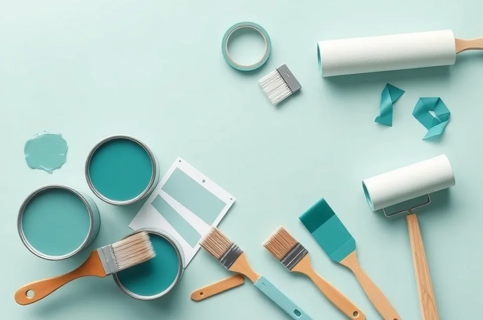 Pots de peinture, nuancier, brosses et rouleaux disposés à plat