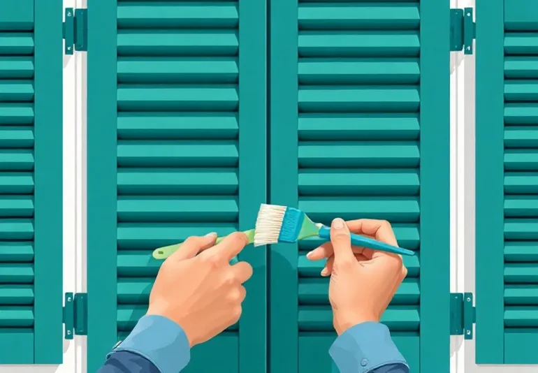 Mise en peinture au pinceau de volets et d'encadrements en bois