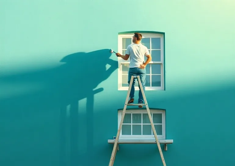 Peintre sur échafaudage traitant la façade d'une maison